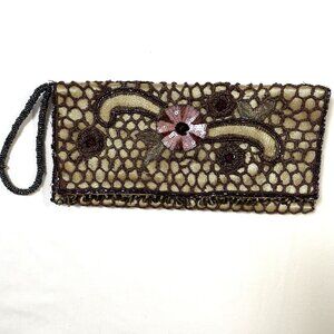 Vintage Y2K Seasons of Cannon Falls Beaded Wristlet Clutch Purse Gold Brown Pink